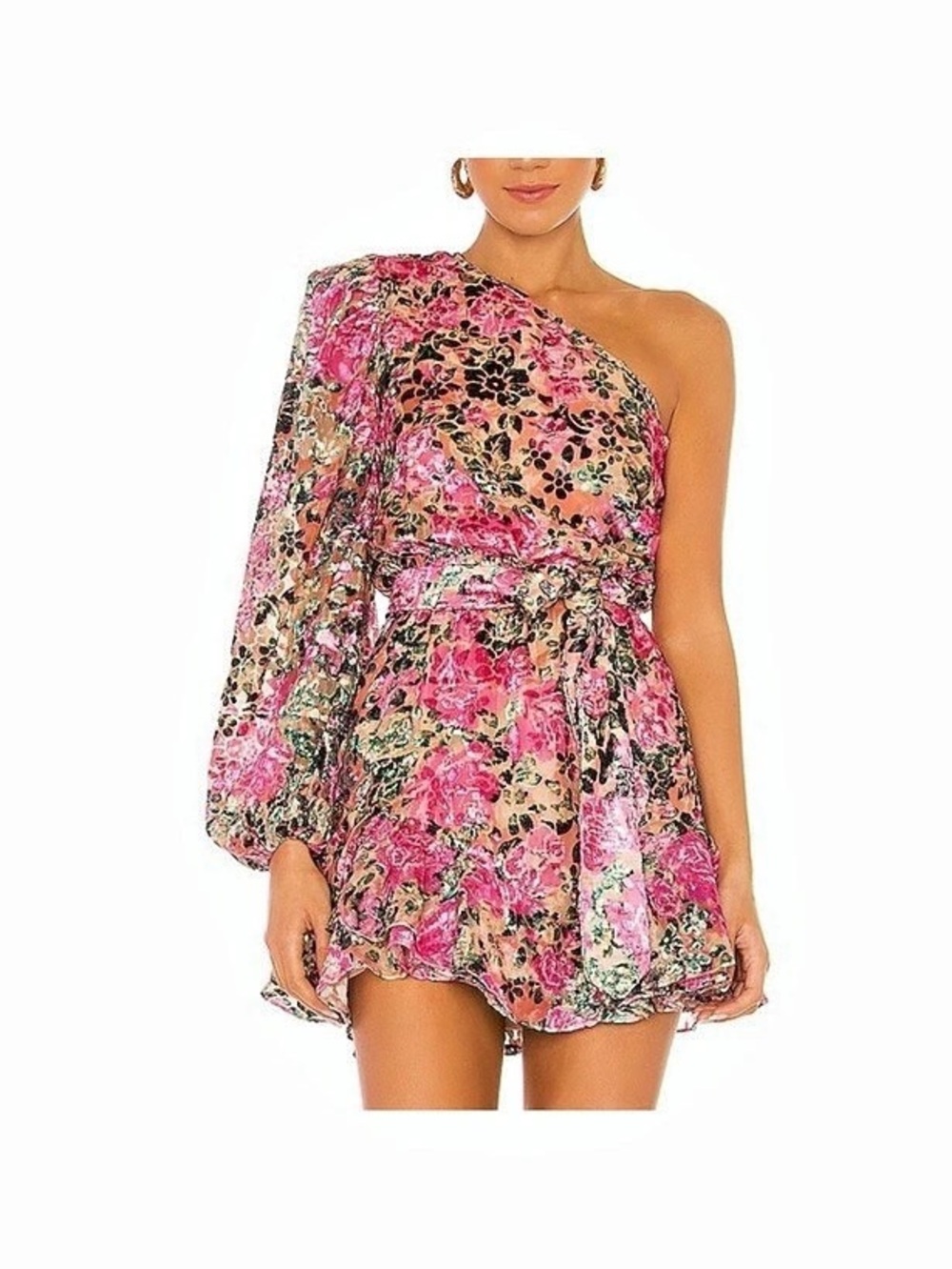 Floral One-Shoulder Mini Dress in Pink & Black Like New